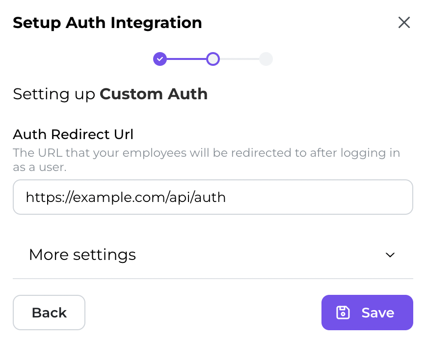 Custom auth integration dialog page 2