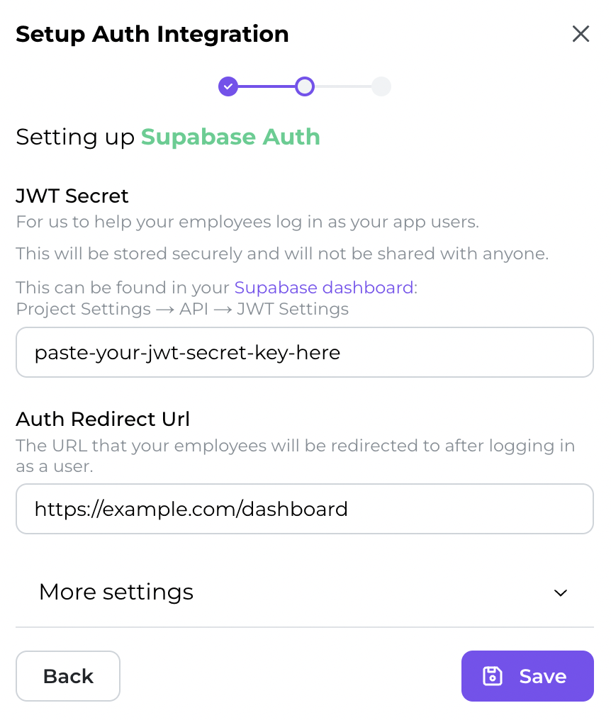 Supabase auth integration dialog page 2